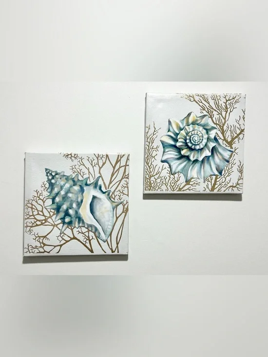 2 Coastal Seashell Canvas Wall Art Set - Blue and Gold
