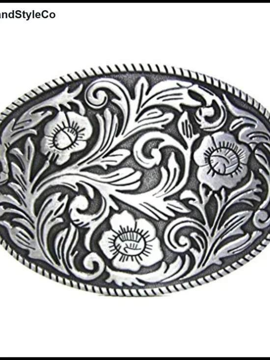 Antique Engraved Flower Metal Belt Buckle, Fits 1.5 Inch Belt, Western Cowboy