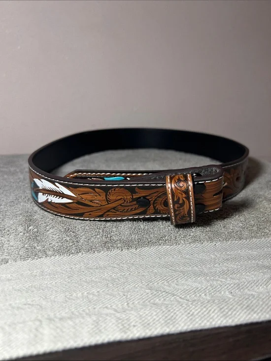 Western Men’s Belt Hand-Tooled Brown Leather with Turquoise and White Accent