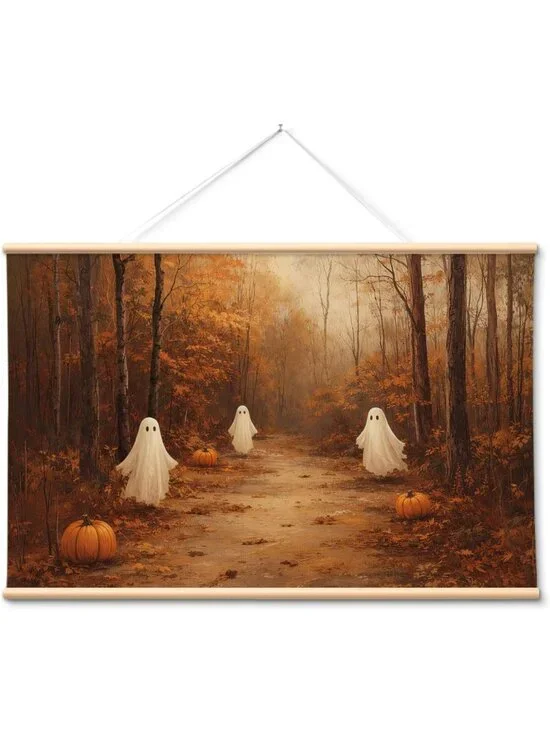 Extra Large Vintage Halloween Wall Art 36x54, Cute Ghosts & Pumpkins Canvas