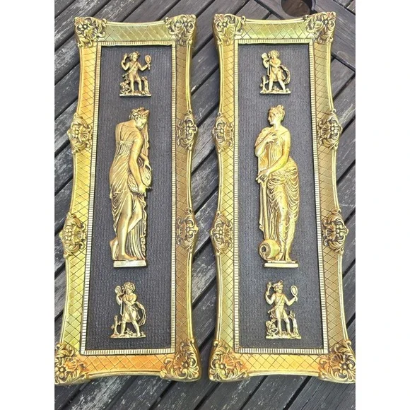 Vintage Artistic Decor Gold Neoclassical Greek Goddess Wall Plaques Pair 23.5