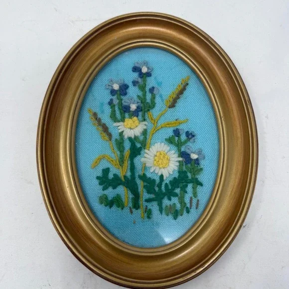 Vintage Hand Embroidered Floral Crewel Art Oval Gold Frame Blue Wildflowers 8.5