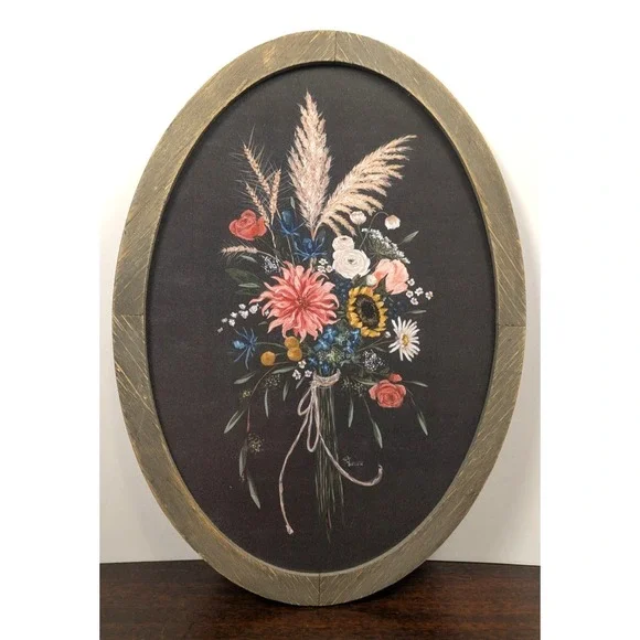Hobby Lobby Hollihocks Oval Floral Bouquet Wall Decor Rustic Wood Frame 17x13