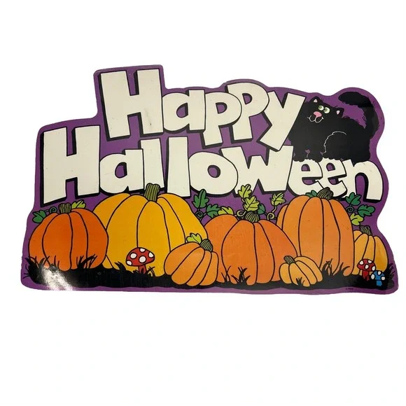 Die Cut Paper Laminate Happy Halloween Sign Black Cat Mushroom Pumpkin