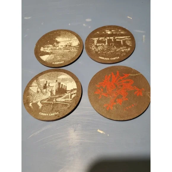 WELSH SLATE COASTERS Polished Set of 4 Harlech Cymru Llanrwst Conway Castle Hand