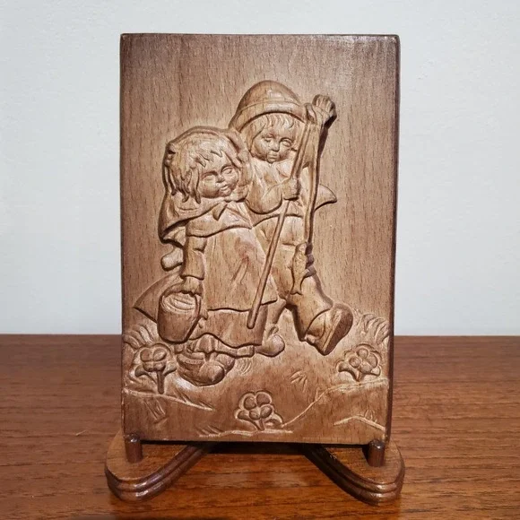 Vintage Toni Baur Oberammergau‎ Hand Carved Wood Relief Plaque Hiking Children