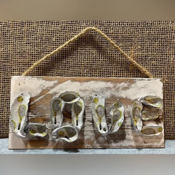 Wall Door Hanging Made of Oyster Shells Tennis LOVE Design Handmade