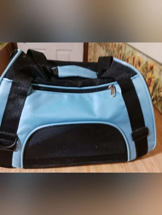 Black and Light Blue Soft-Sided Cat Carrier with Mesh Panels