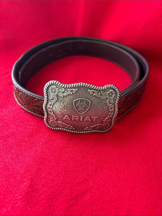Ariat Brown Tooled Leather Belt with Ornate Silver Buckle - Western Logo
