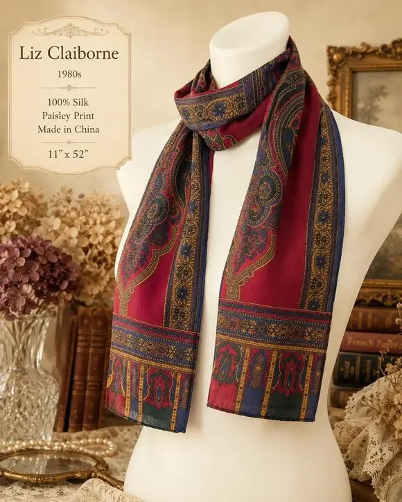 Vintage Liz Claiborne Silk Paisley Scarf 1980s Burgundy Navy Blue Green 11x52