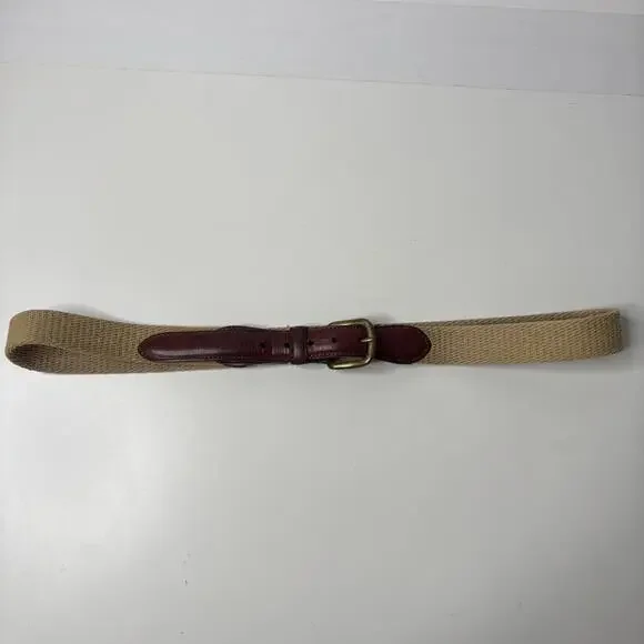LL Bean Beige & Brown Fabric & Leather Belt Men 40 USA Made Classic Brass Buckle