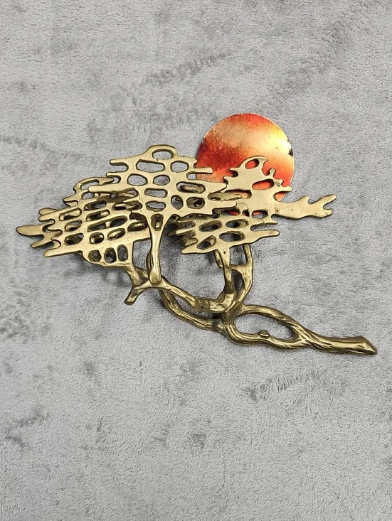 Solid Brass Tree Sculpture with Enamel Sun – Approx. 12