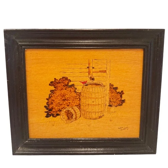 Vintage Wood Burn Art Barrel Scene Signed Wall‎ Decor Farmhouse Cabin E Hoagland