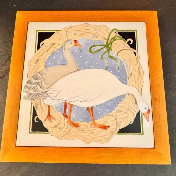 Vintage‎ Goose Ceramic Tile Art Wood Framed Wall Decor Rustic Country Farmhouse