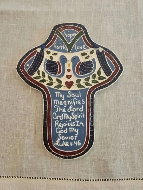 J Duban Designs Ceramic Wall Tile Cross Plaque Luke 1:46 Folk Faith Hope Love