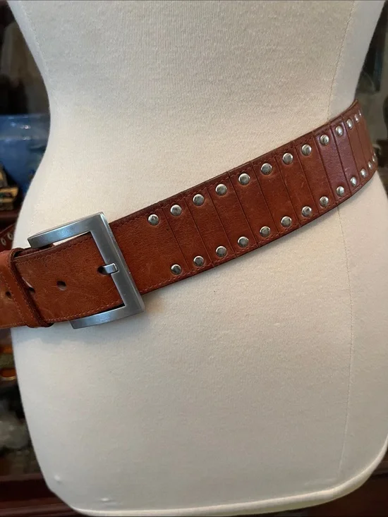 Kenneth Cole Brown Leather Studded Belt with Silver Buckle