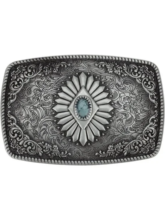 Vintage Turquoise Gem Pattern Oval Belt Buckle - Western Denim Style for Men