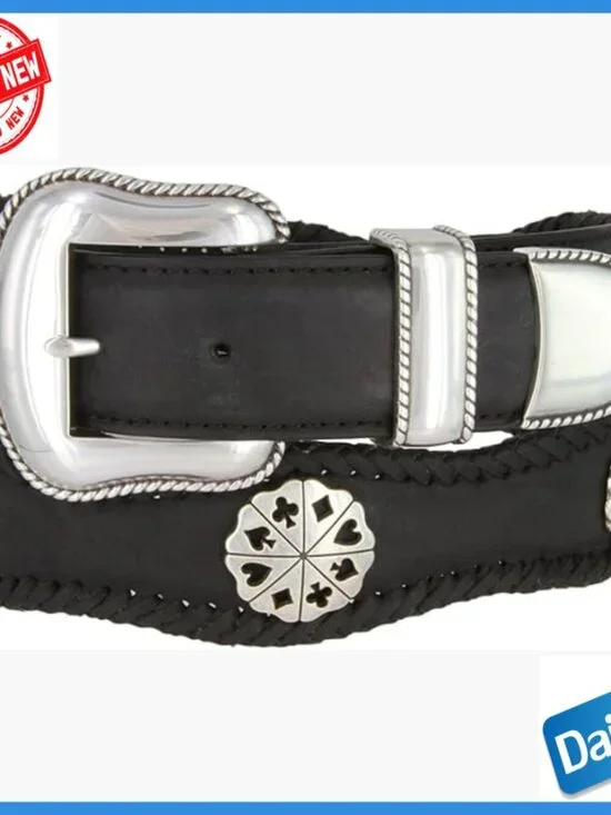Men's Leather Cowboy Belt with Card Suit Concho Buckle Set
