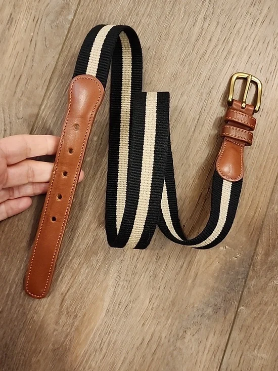 Vintage Coach Natural Linen & Leather Belt Black Tan Preppy Brass Buckle size 34