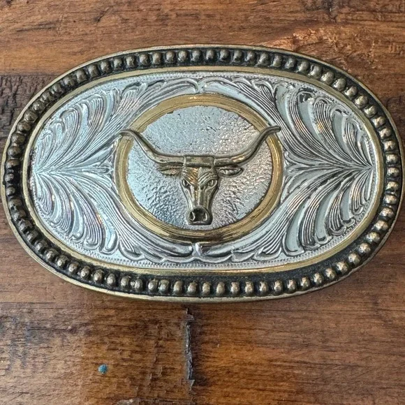 Western Longhorn Bull Belt Buckle Silver Gold Tone Floral Scroll Oval‎ Cowboy