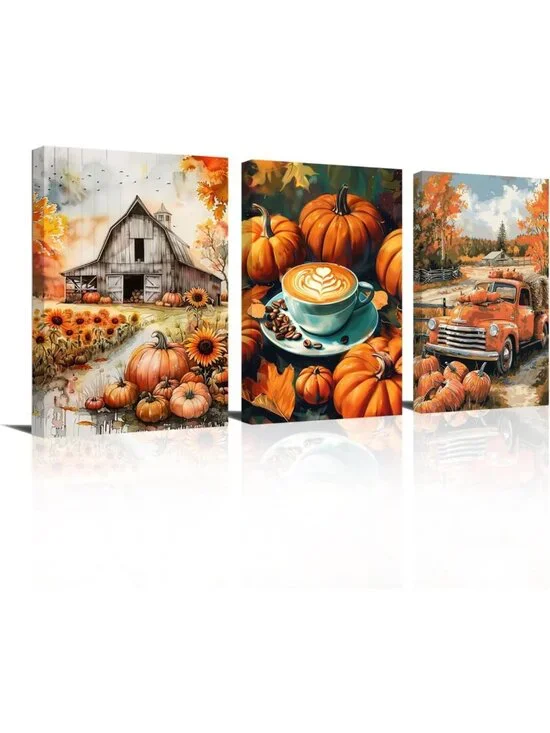 Autumn Pumpkin Wall Art Set - 3 Piece Fall Decor Canvas Prints for Thanksgiving