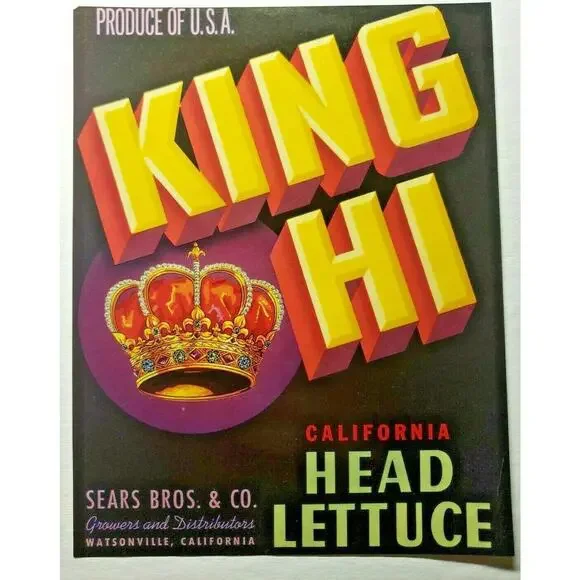 Vintage King‎ Hi Original 1940s Holtgrave CA Head Lettuce Crate Label (B-2)