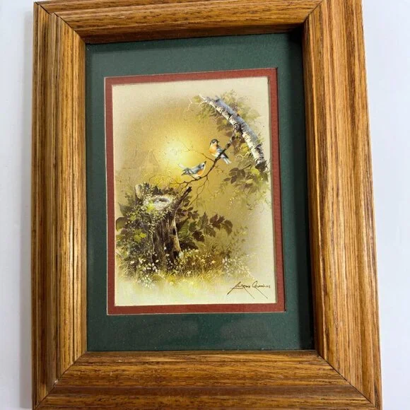 Vintage Artist Andres Orpinas Art Print Birds Wood frame