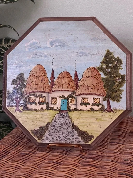 Charming Hand-Painted Octagonal Cottage Wall Art - Teal Door