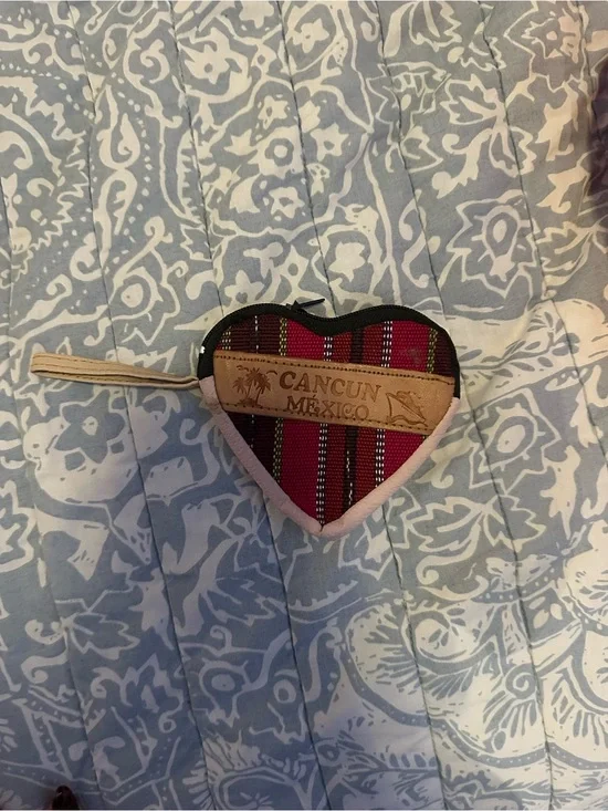 Cancun Mexico Heart Wall Hanging - Red Striped Fabric Accent