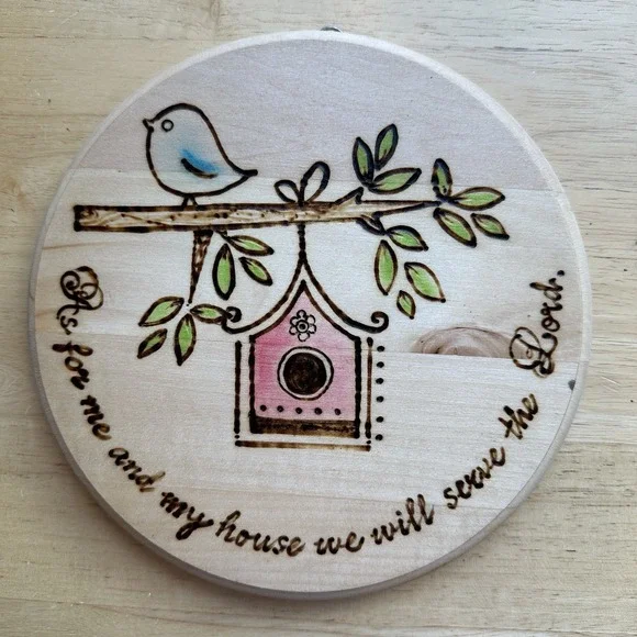 Vintage Wall Art 7.5 Inch As For Me And My House Wood Paint Burn Bird‎ Christian