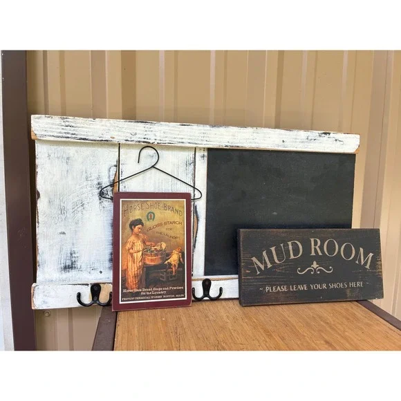 Farmhouse Entryway Set Chalkboard Coat Rack Mud Room & Vintage Laundry Signs