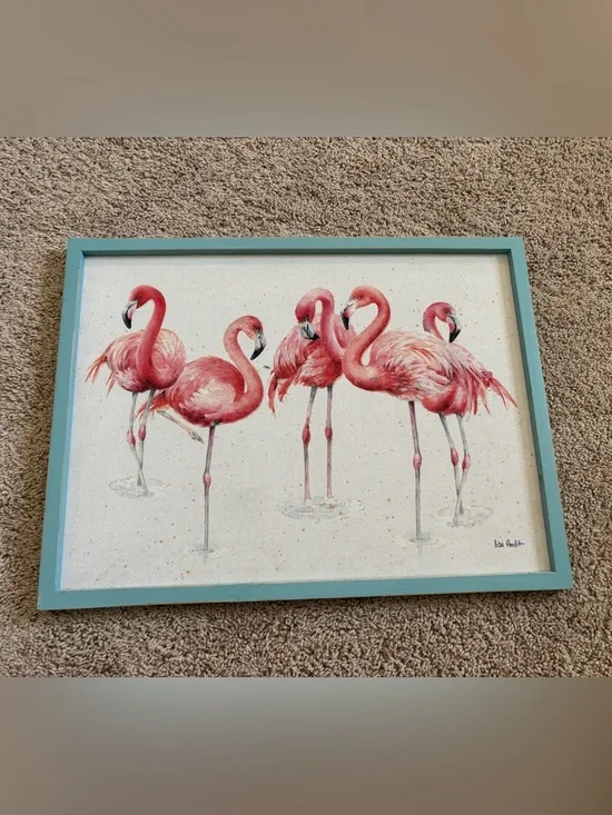 Flamingo Watercolor Wall Art - Pink Tropical Print with Teal Frame