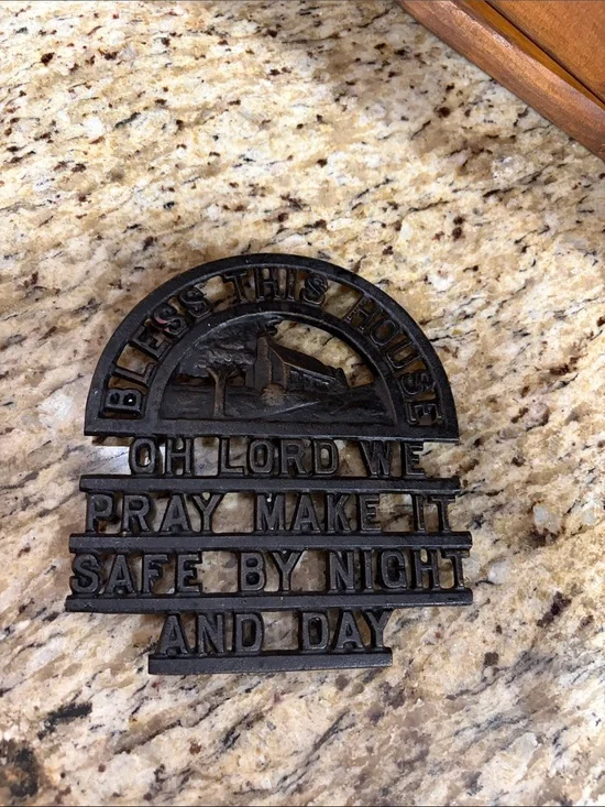 Vintage Cast Iron 'Bless This House' Irish blessing hot plate