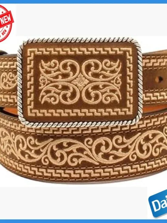 Leather Western Belt with Embroidered Rope Buckle, Size 34