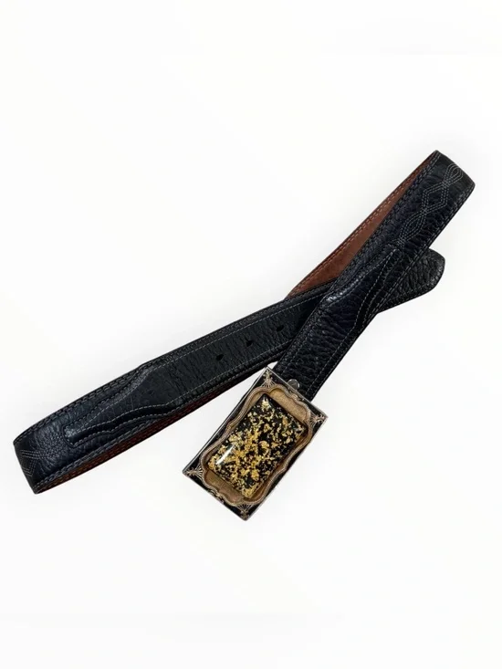 Ariat textured black leather western belt paired with gold flake belt buckle
