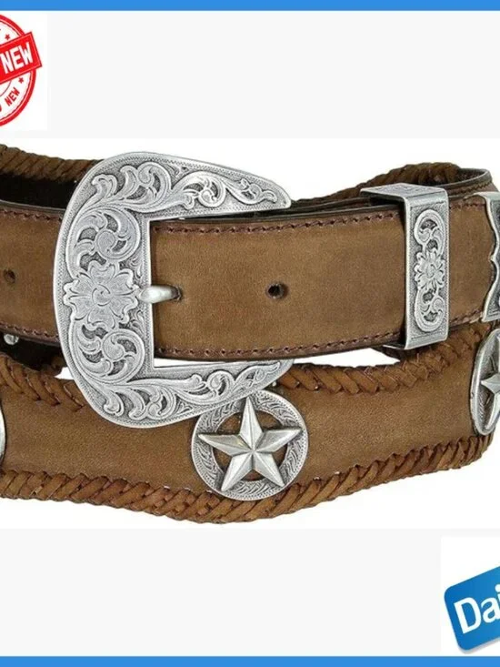 Men's Leather Belt with Star Conchos, Silver Buckle, Size 40
