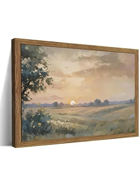 Vintage Wood Framed Fall Sunset Canvas Wall Art - Retro Farmhouse Decor 16x24