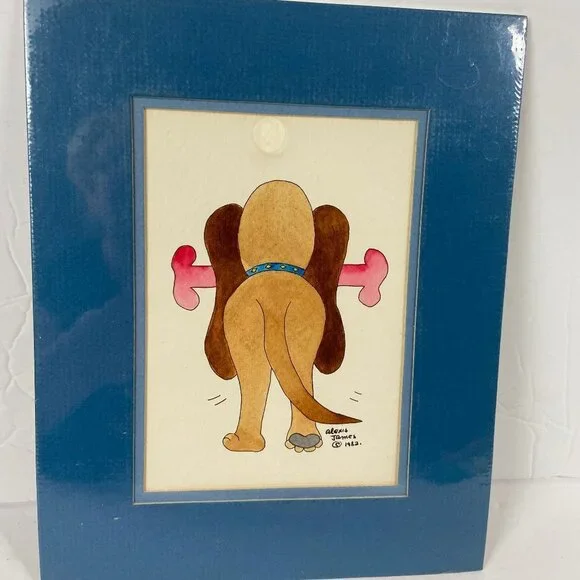 NEW Vintage 1987s  Artist Alexis James Watercolor Print Dog with Bone