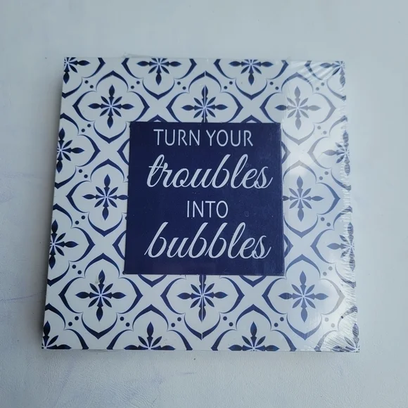 Turn your TROUBLES into BUBBLES wall decor sign Navy Blue White 8 x 8