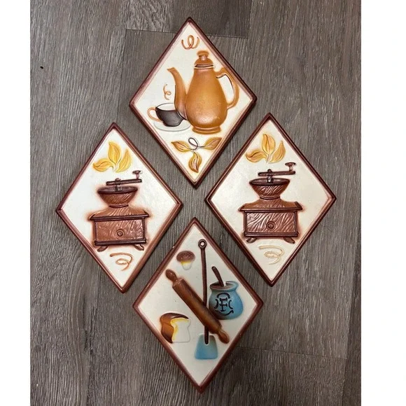 Vintage Lefton Ceramic Wall Plaques Set 4 Coffee Grinder Pot Kitchen Japan 60s