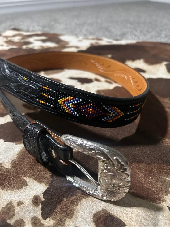 Tony Lama Black Beaded Tooled Leather Belt 38