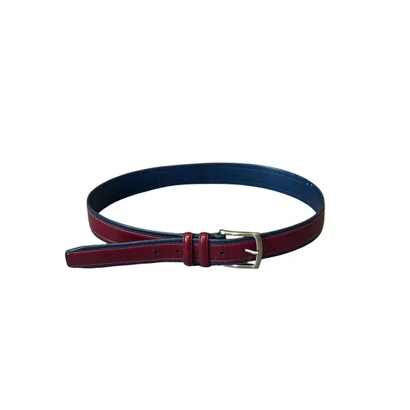 Nautica‎ Mens Leather Belt 34 Burgundy Navy Blue Contrast Stitch Silver Buckle