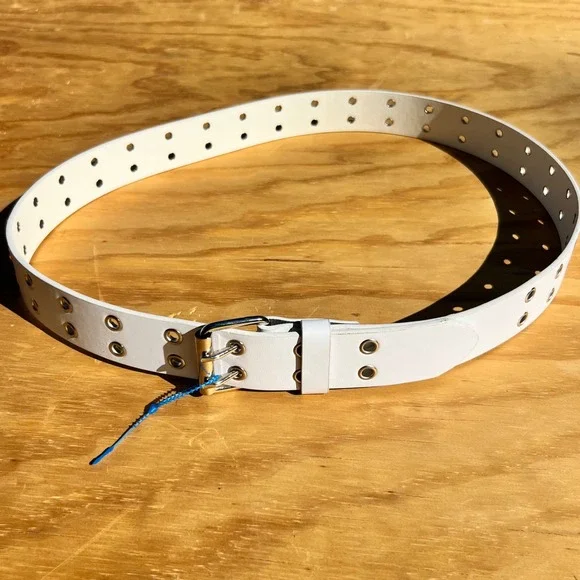 White Genuine Leather Double Grommet Belt Silver Double Prong Buckle Large 40-44