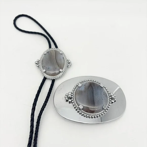 Retro Western Style Gray Agate Bolo Tie & Oval Belt Buckle Set