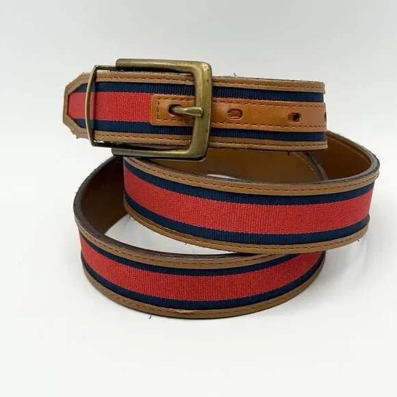 Columbia Genuine Leather Tan Belt Canvas Navy Blue Red Collegiate Men’s US 34 /