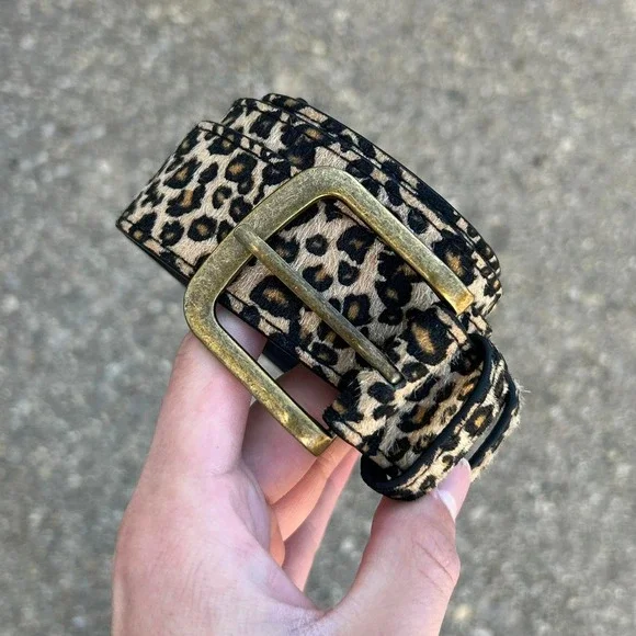 Vintage style cheetah leopard print fur belt american western black and tan