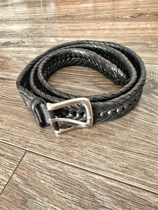 Tommy Hilfiger Black Braided Genuine Leather Belt with Silver Buckle