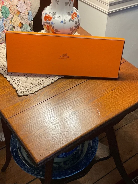 Vintage Hermes 90s Orange Tie Box With Tissue And Ribbon.