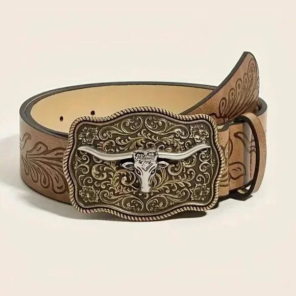 Longhorn Gold Tone Buckle Brown Pleather Belt 40