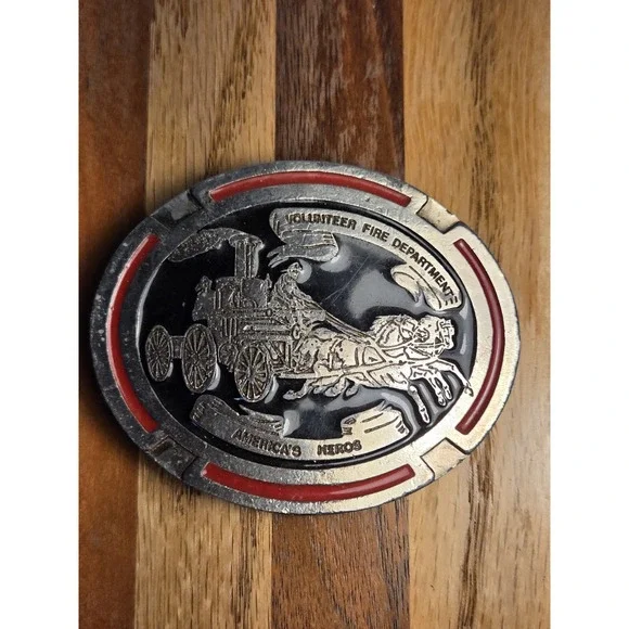 Vintage Volunteer Fire Department Belt Buckle Horse Drawn Fire Engine